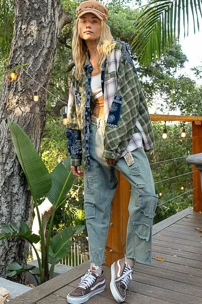 Stylish Women's Patchwork Plaid Button Up Shirt with Raw Hem