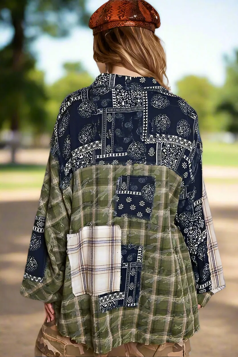 Stylish Women's Patchwork Plaid Button Up Shirt with Raw Hem