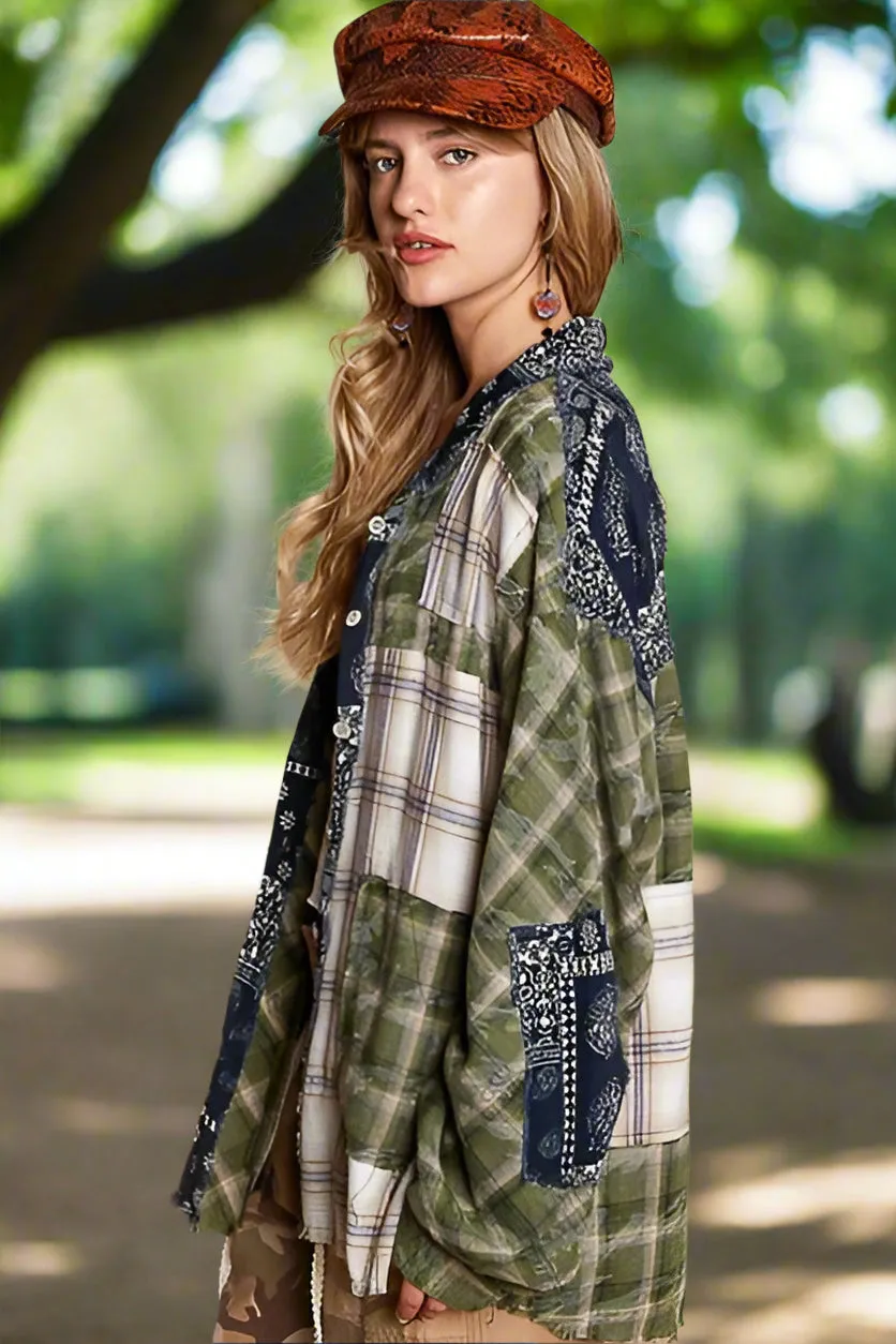 Stylish Women's Patchwork Plaid Button Up Shirt with Raw Hem
