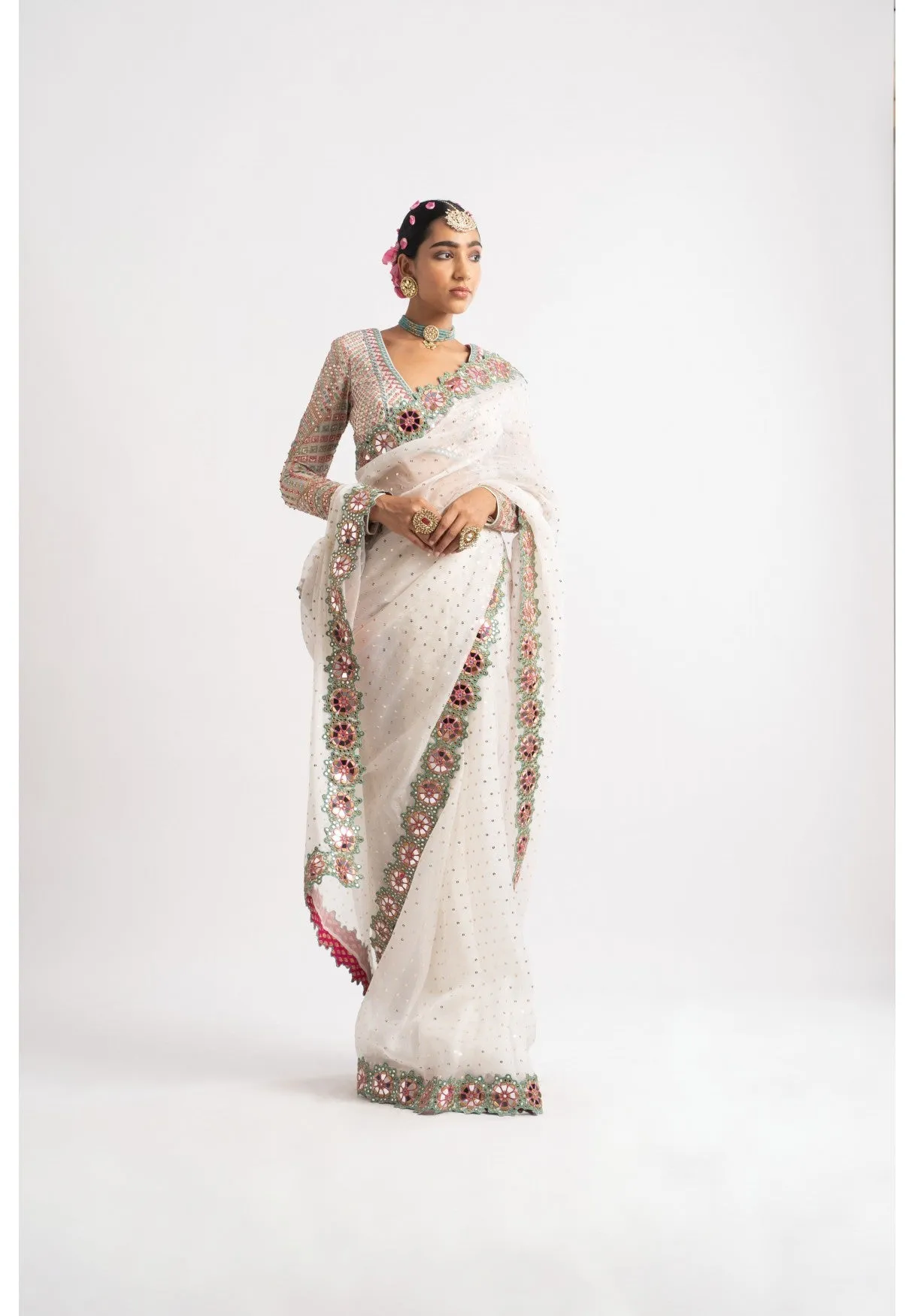 White Hand Cut Mirror Border Saree Set