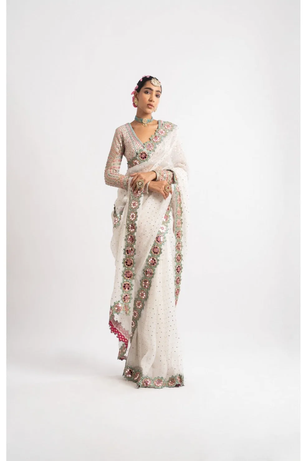 White Hand Cut Mirror Border Saree Set