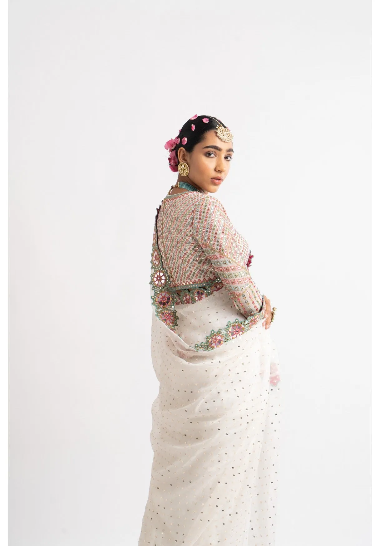 White Hand Cut Mirror Border Saree Set