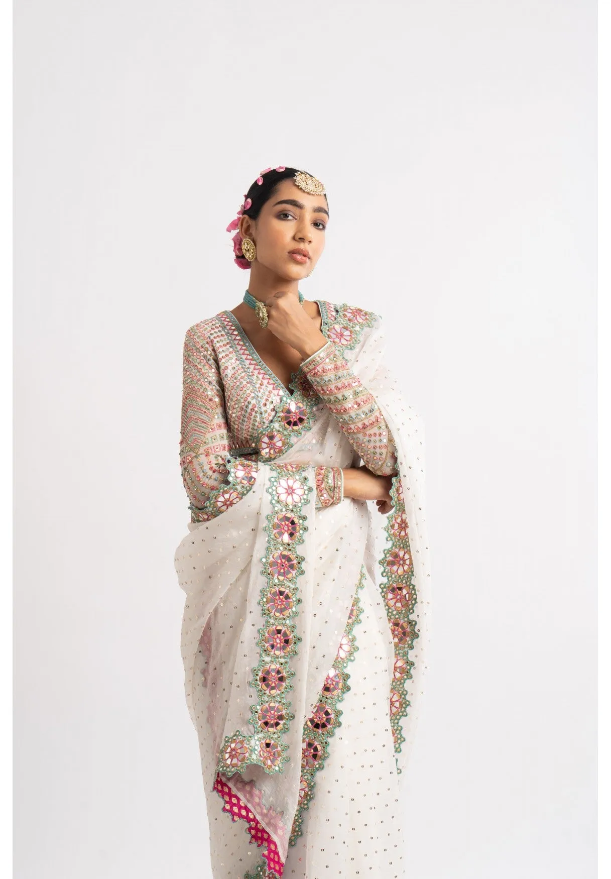 White Hand Cut Mirror Border Saree Set