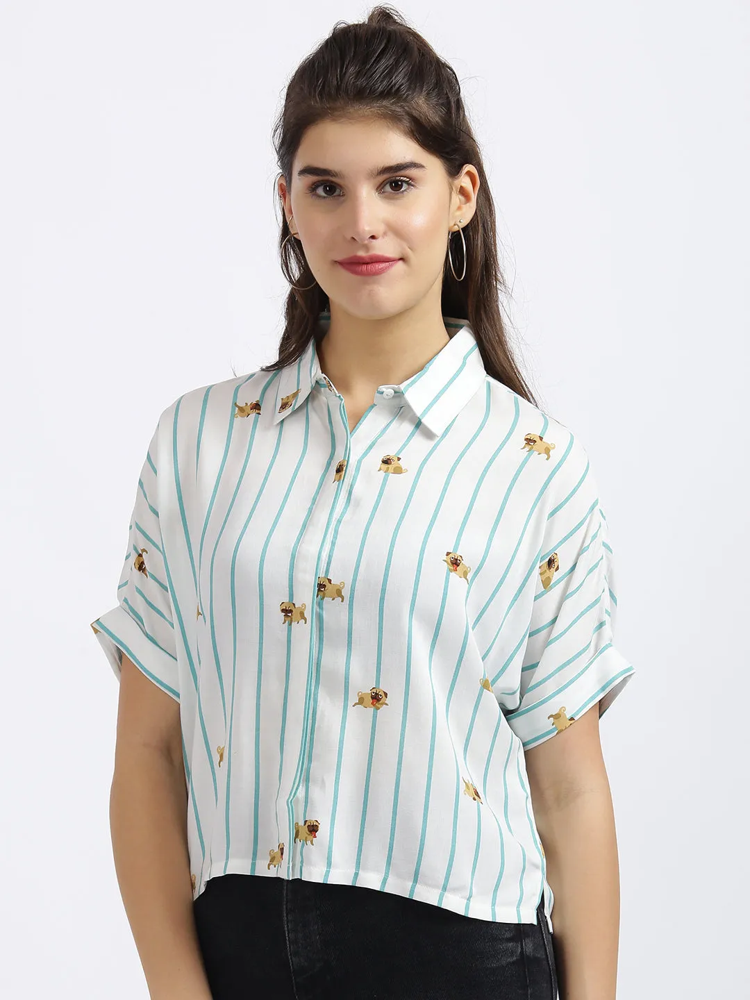 White Striped Cropped Boxy Shirt