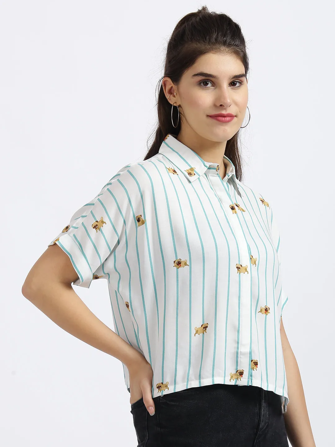 White Striped Cropped Boxy Shirt