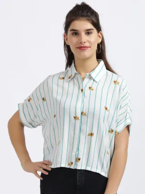 White Striped Cropped Boxy Shirt