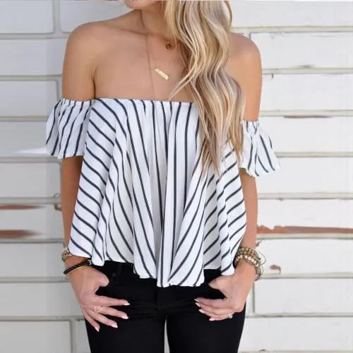 Women off shoulder top Stripe Casual Shirt Tops fashion women's t-shirts