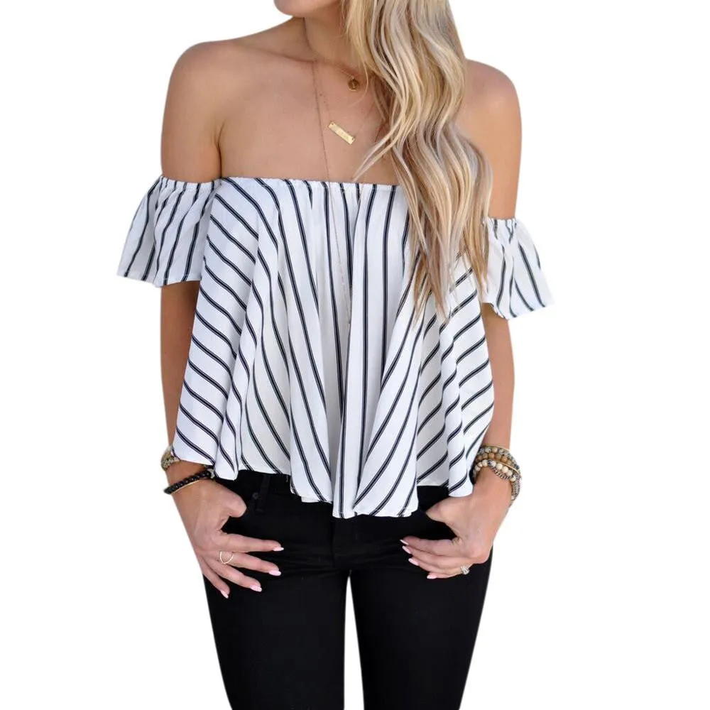 Women off shoulder top Stripe Casual Shirt Tops fashion women's t-shirts