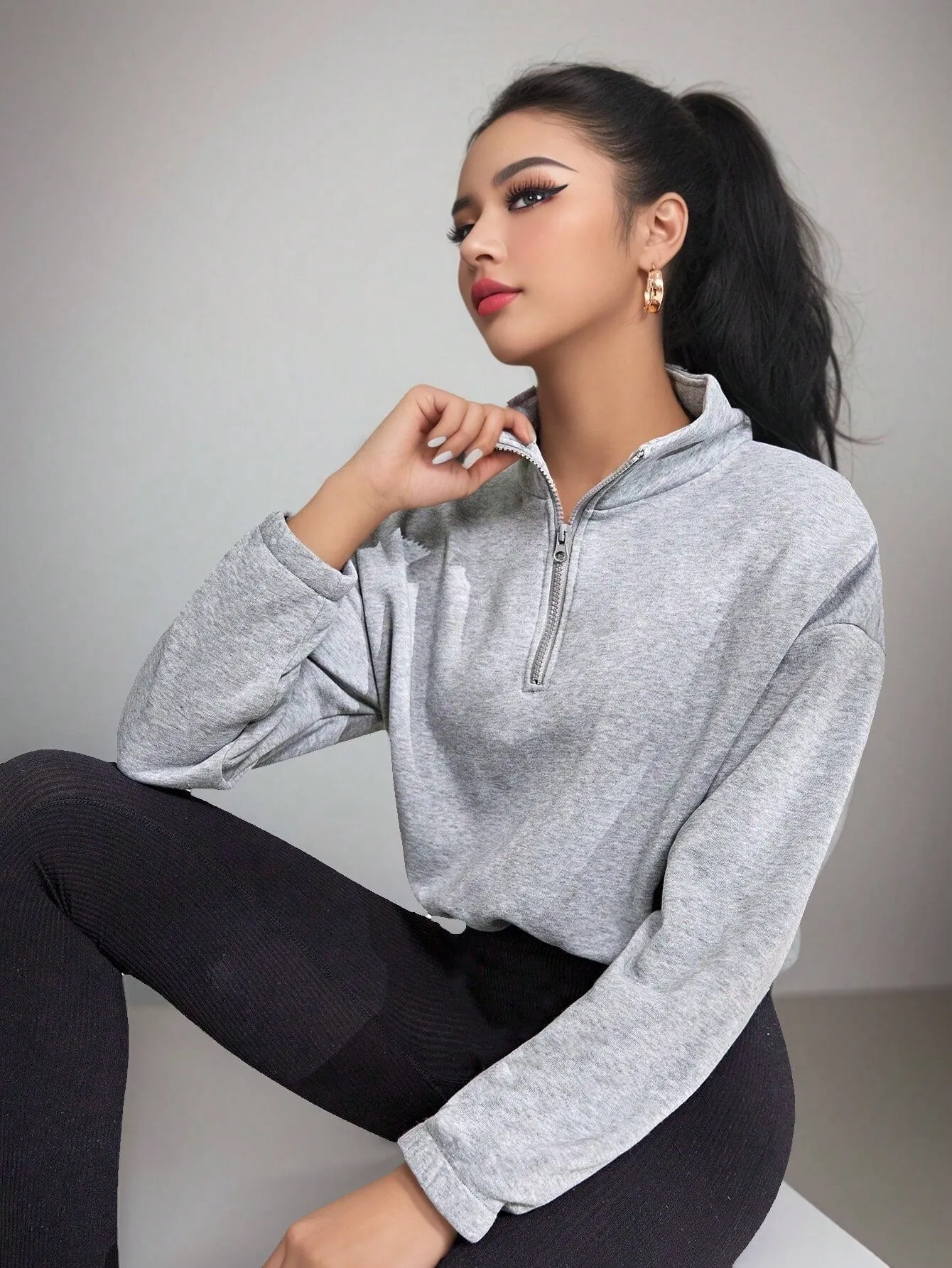 Women's Casual Fleece Lined Sweatshirt, Outdoor Exercise Loose Cropped High Neck Long Sleeve Top