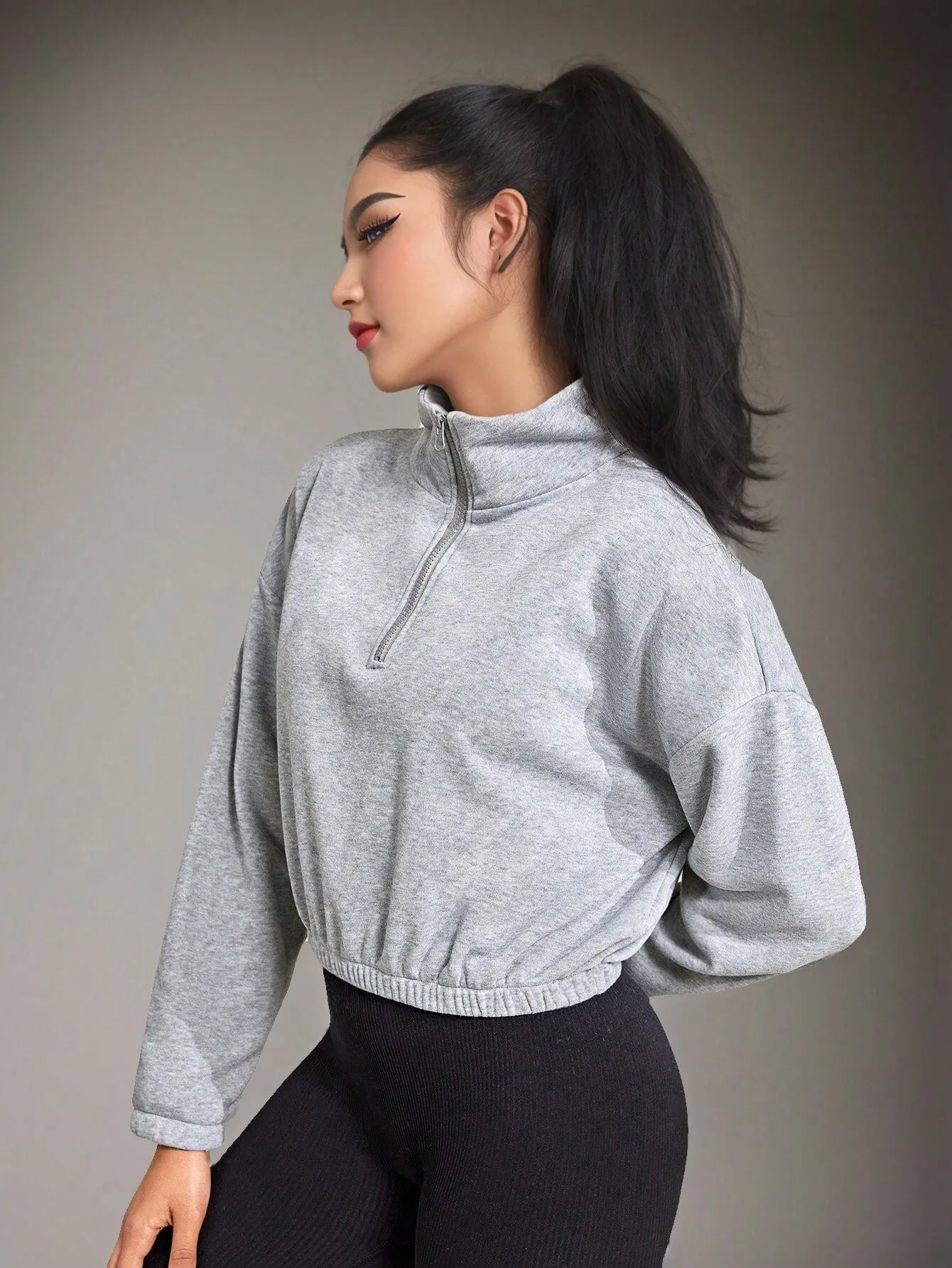 Women's Casual Fleece Lined Sweatshirt, Outdoor Exercise Loose Cropped High Neck Long Sleeve Top