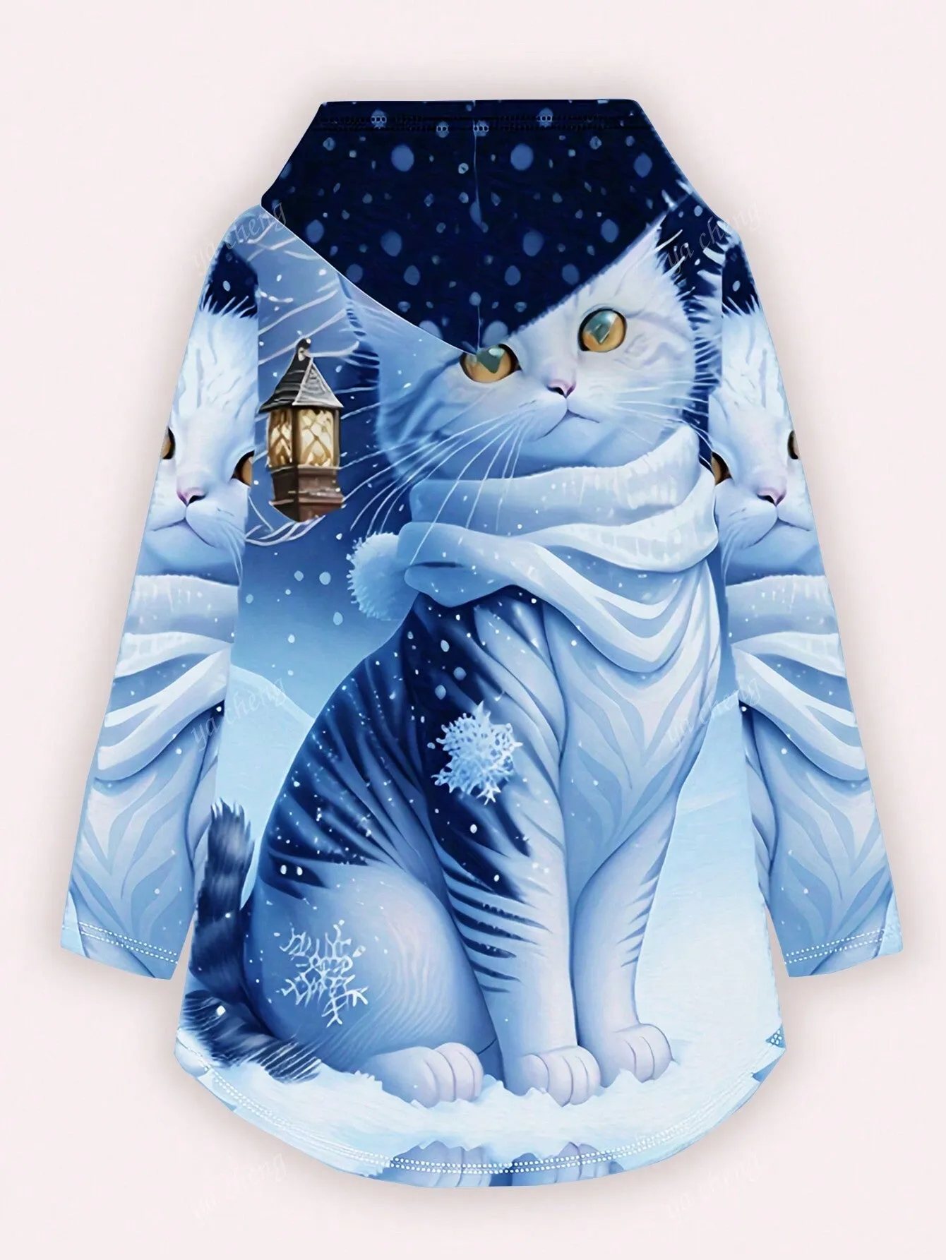 Women's Casual Round Neck Cat Print Pullover Hoodie, Fashionable For Spring And Autumn
