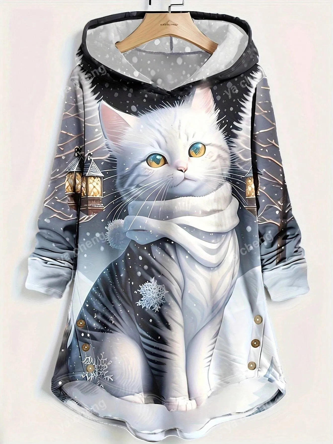 Women's Casual Round Neck Cat Print Pullover Hoodie, Fashionable For Spring And Autumn