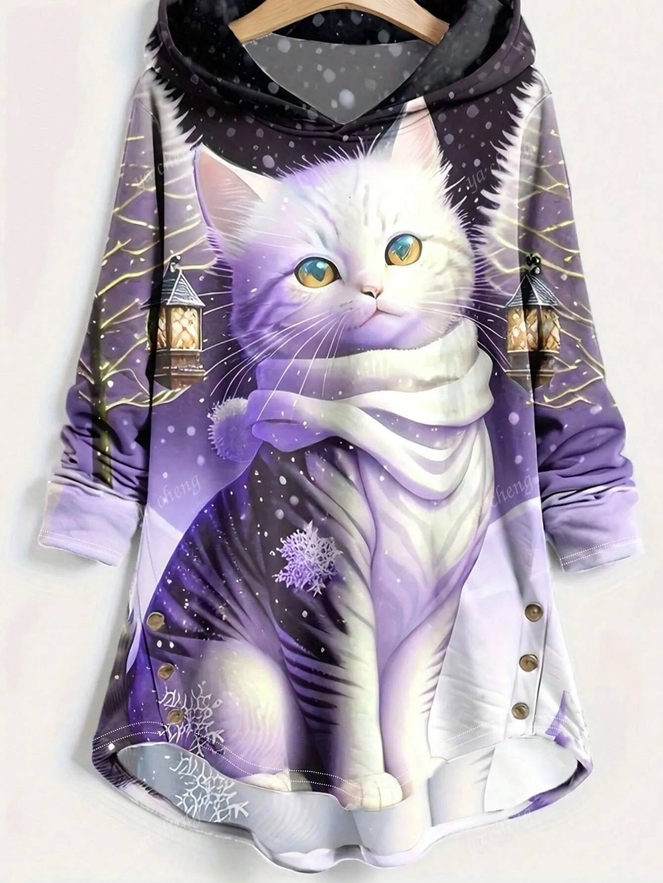 Women's Casual Round Neck Cat Print Pullover Hoodie, Fashionable For Spring And Autumn