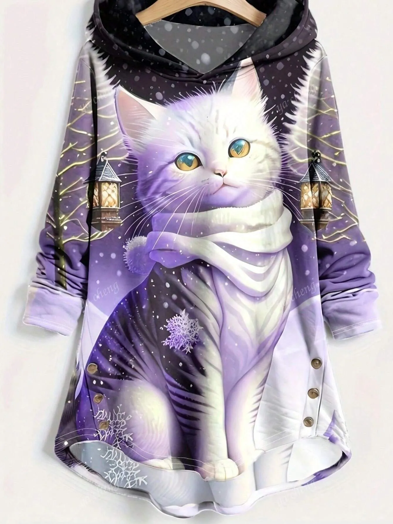 Women's Casual Round Neck Cat Print Pullover Hoodie, Fashionable For Spring And Autumn