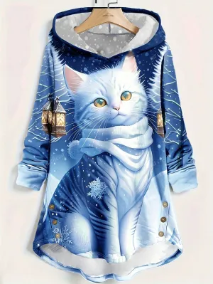 Women's Casual Round Neck Cat Print Pullover Hoodie, Fashionable For Spring And Autumn