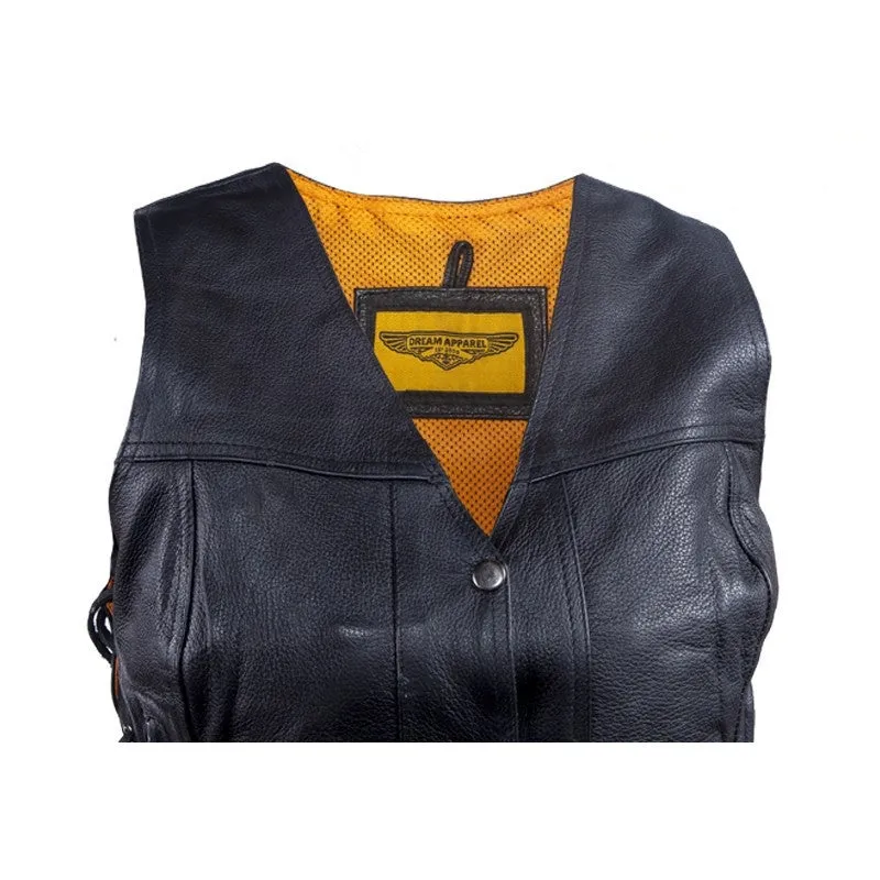Women's Premium Leather Motorcycle Vest With 7 Pockets Laces And Gun Pockets