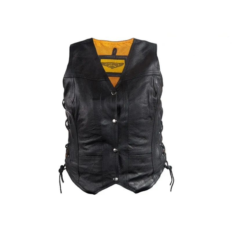 Women's Premium Leather Motorcycle Vest With 7 Pockets Laces And Gun Pockets