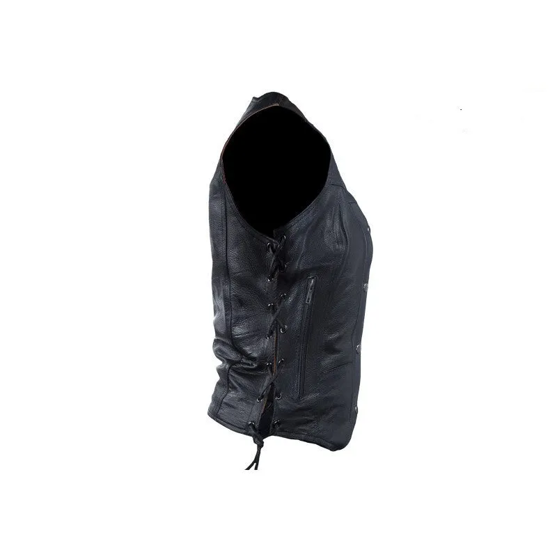 Women's Premium Leather Motorcycle Vest With 7 Pockets Laces And Gun Pockets