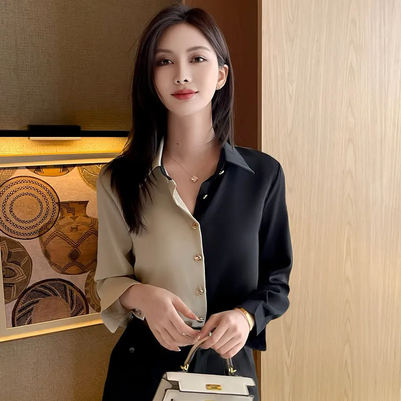 Women's Silk Dress Shirt with Patchwork Details for Casual Style
