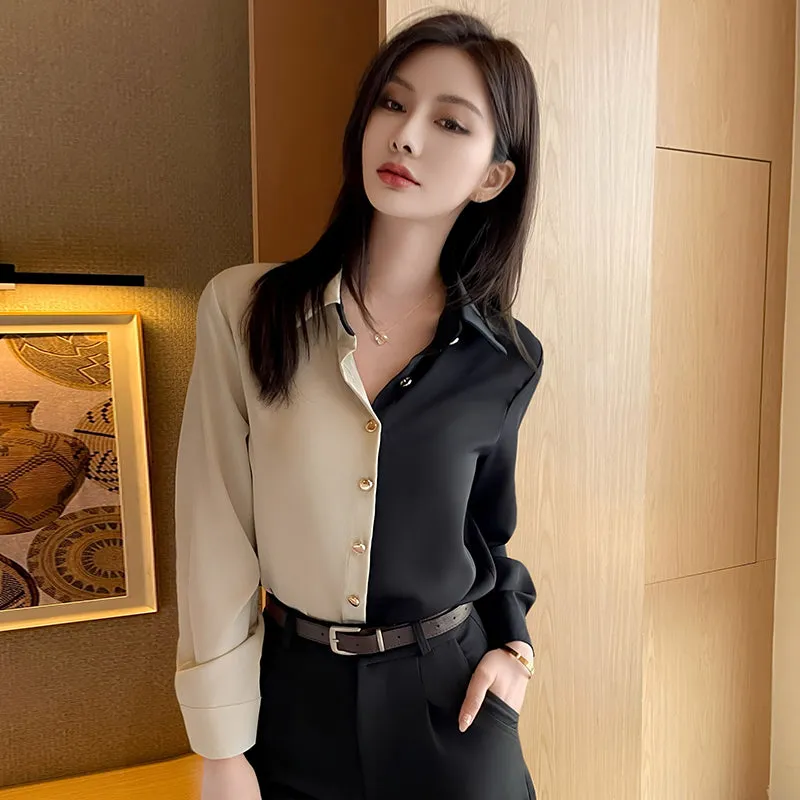 Women's Silk Dress Shirt with Patchwork Details for Casual Style