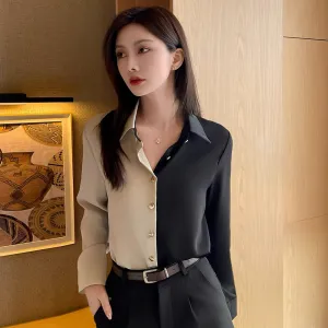 Women's Silk Dress Shirt with Patchwork Details for Casual Style