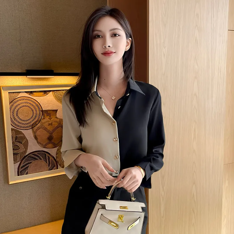 Women's Silk Dress Shirt with Patchwork Details for Casual Style
