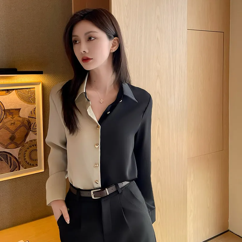 Women's Silk Dress Shirt with Patchwork Details for Casual Style