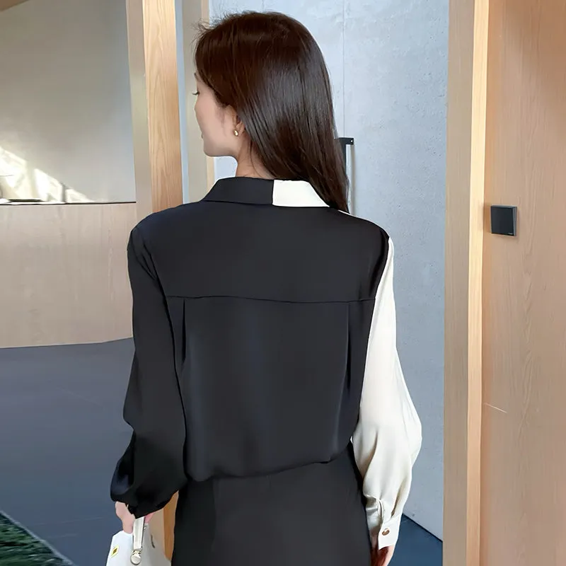 Women's Silk Dress Shirt with Patchwork Details for Casual Style