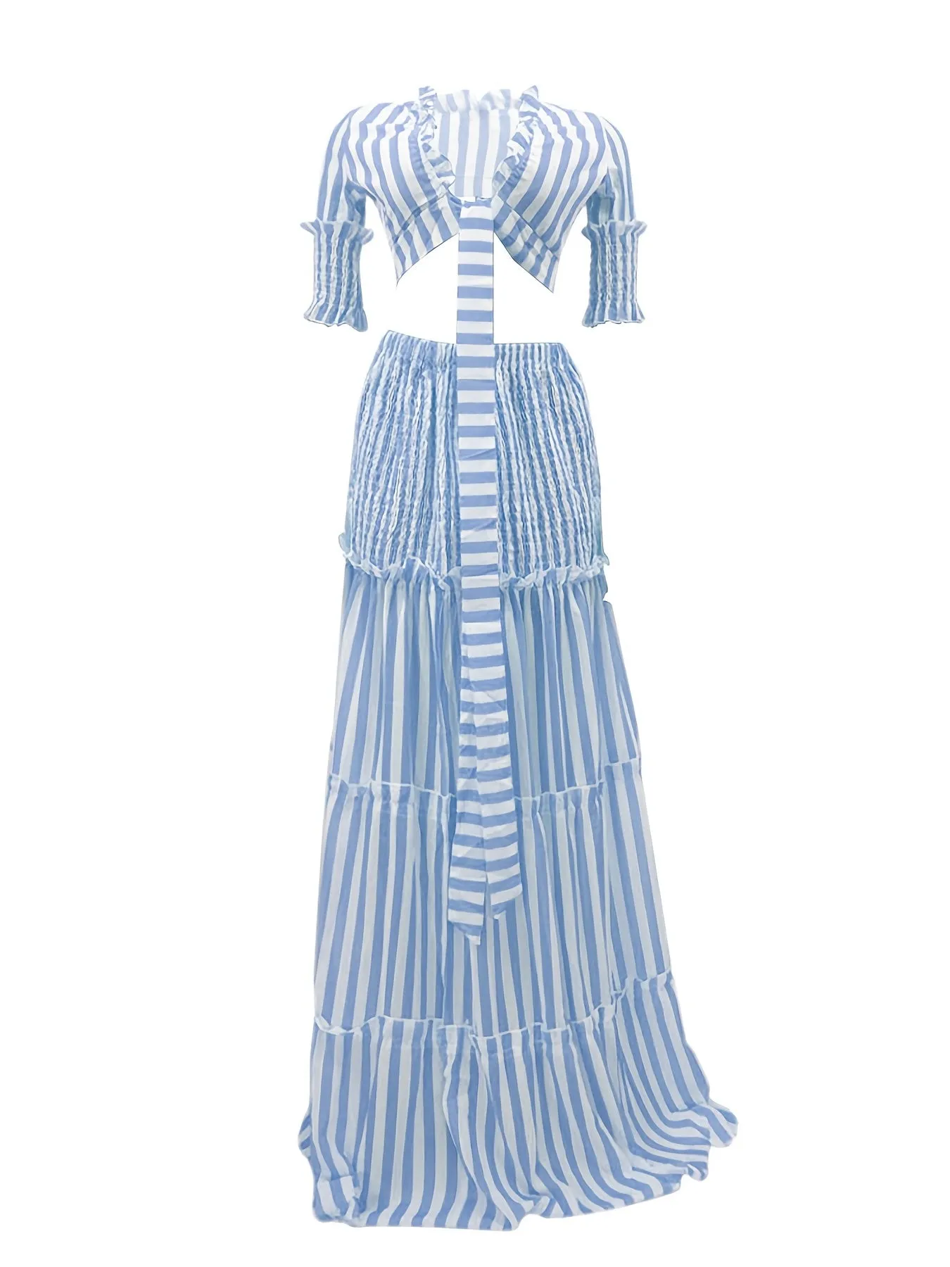xieyinshe Sexy Striped Chiffon Print Skirt Two-piece Set, Lace Up Crop Tops & High Waist Long Skirt Set, Women's Clothing