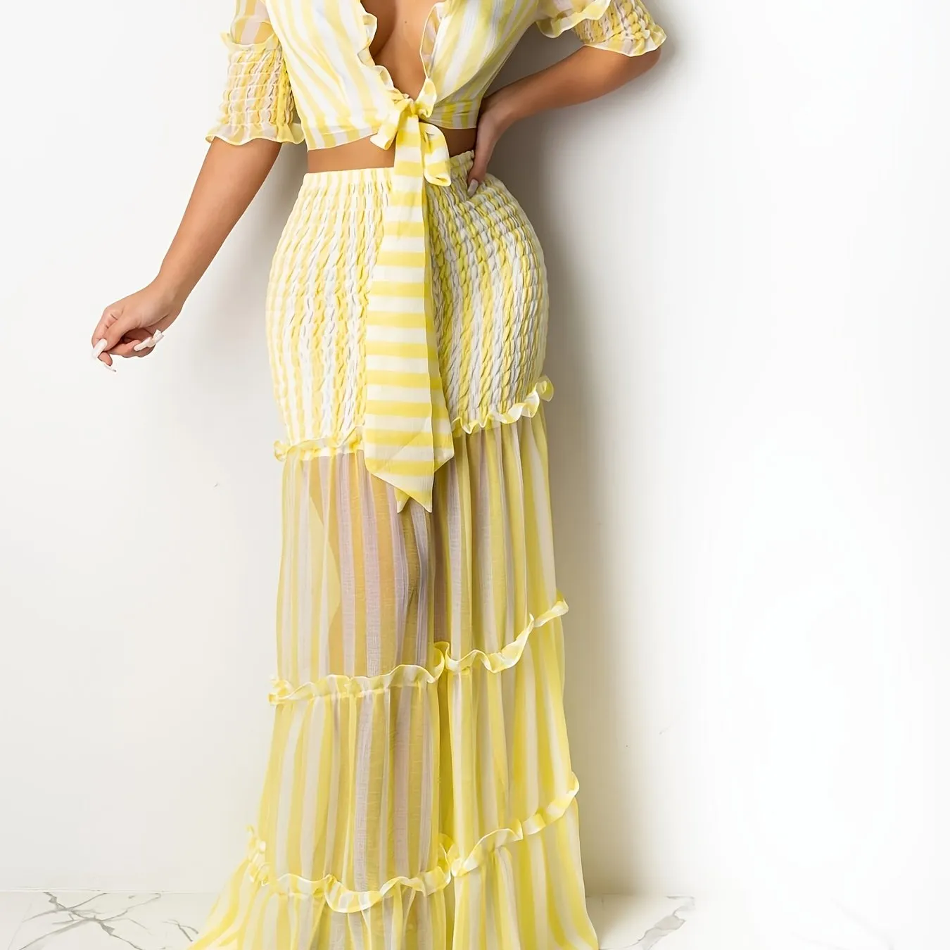 xieyinshe Sexy Striped Chiffon Print Skirt Two-piece Set, Lace Up Crop Tops & High Waist Long Skirt Set, Women's Clothing