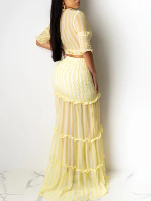 xieyinshe Sexy Striped Chiffon Print Skirt Two-piece Set, Lace Up Crop Tops & High Waist Long Skirt Set, Women's Clothing