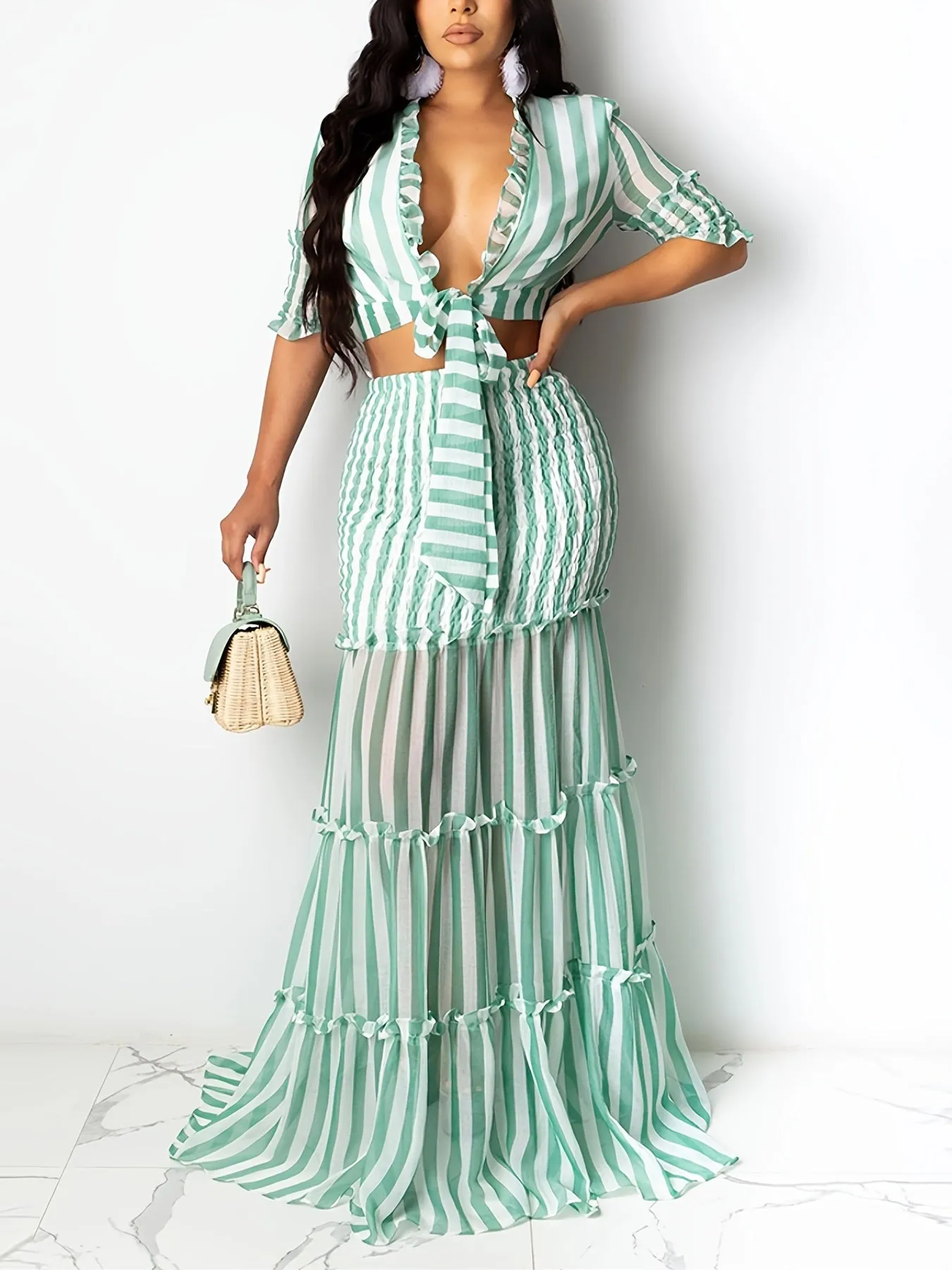 xieyinshe Sexy Striped Chiffon Print Skirt Two-piece Set, Lace Up Crop Tops & High Waist Long Skirt Set, Women's Clothing