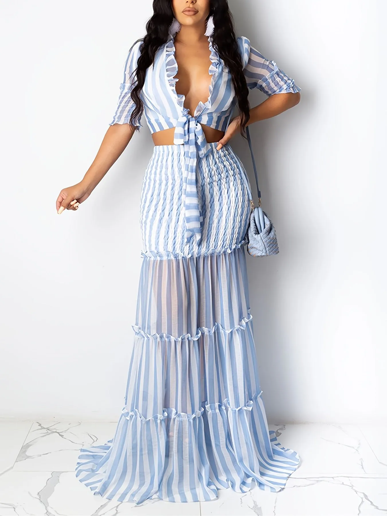 xieyinshe Sexy Striped Chiffon Print Skirt Two-piece Set, Lace Up Crop Tops & High Waist Long Skirt Set, Women's Clothing