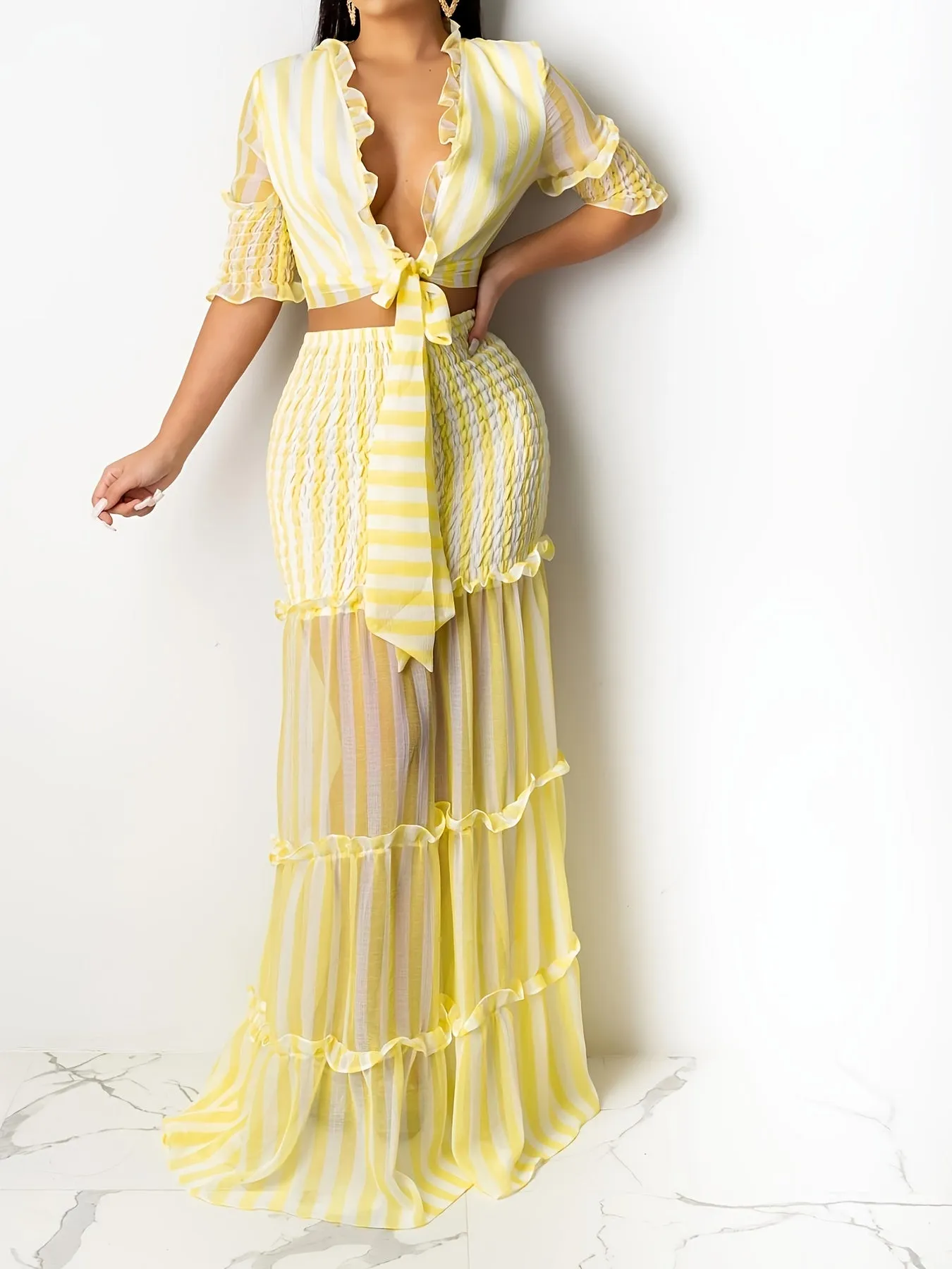 xieyinshe Sexy Striped Chiffon Print Skirt Two-piece Set, Lace Up Crop Tops & High Waist Long Skirt Set, Women's Clothing