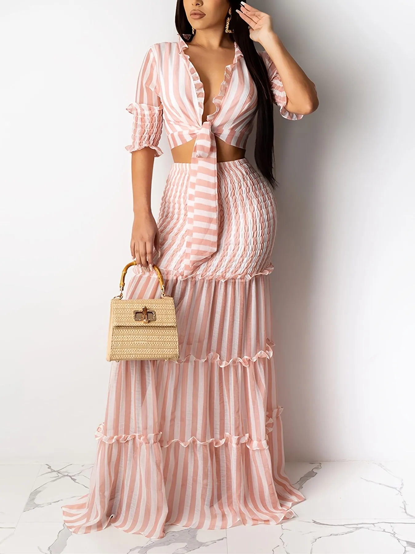 xieyinshe Sexy Striped Chiffon Print Skirt Two-piece Set, Lace Up Crop Tops & High Waist Long Skirt Set, Women's Clothing